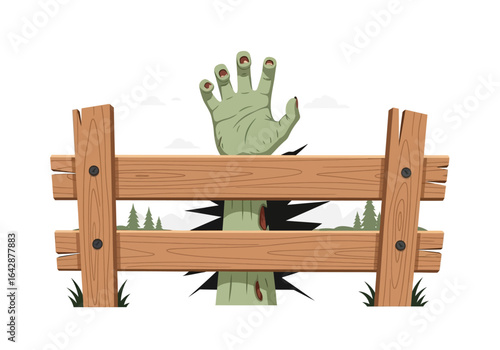 Zombie hand grabbing over wooden fence suitable for horror designs, halloween posters, spooky merchandise, and themed content creations.