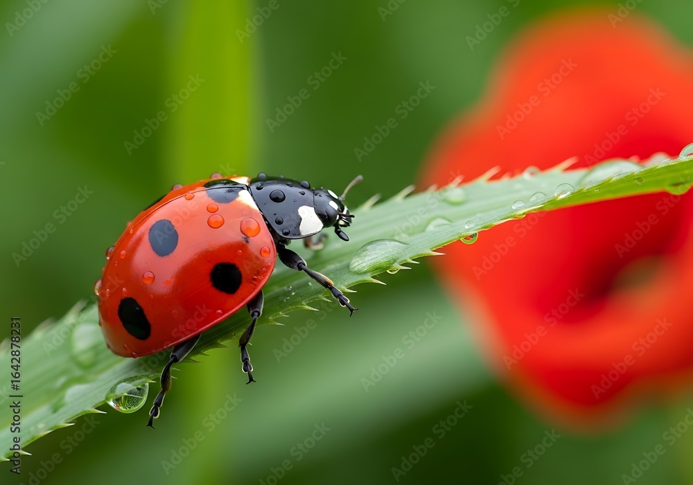 Fototapeta premium Ladybug on a wet blade of grass with poppy flower