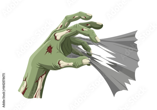 Green zombie hand tearing through gray object. Suitable for halloween designs, horror themes, and spooky concepts in graphic design projects.