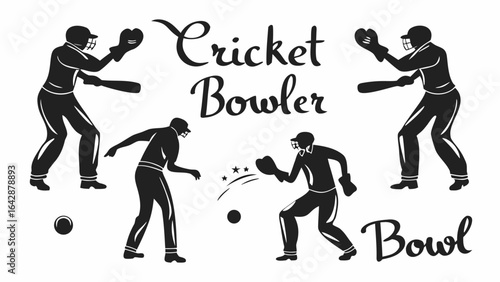 Illustration of cricket players in action with bowler and batsman in black silhouette design style