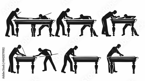 Silhouetted figures playing pool in various stances around a billiard table in monochrome illustration