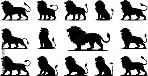 Wild roaring lion king set. Side view predator face, lions heads black and white ink sketch silhouettes 