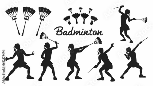 Silhouette illustrations of badminton players and shuttlecocks in various action poses and arrangements