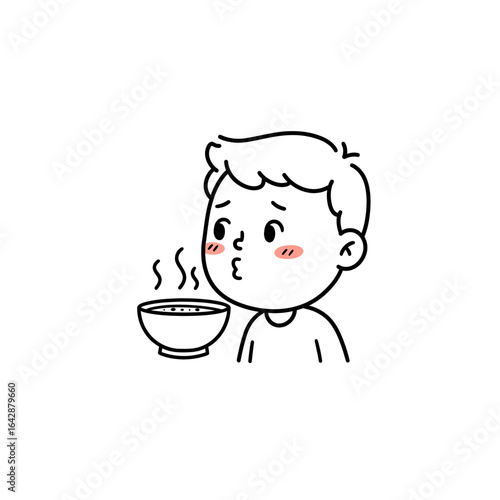 A cute cartoon boy with blushing cheeks blowing on a bowl of hot steaming soup.