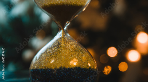 An overflowing hourglass with golden moments above and dark shadows below, representing procrastination and time.
