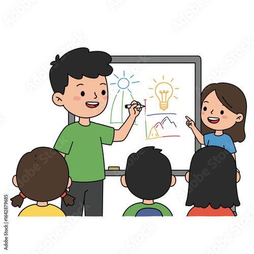 A group of cartoon children collaborating on a whiteboard drawing creative ideas like a sun and a lightbulb for a class presentation.