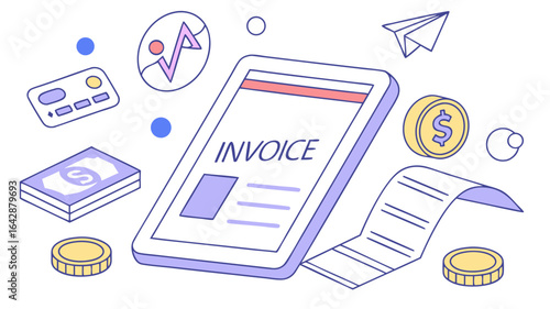 Invoice Creation and Payment with Fintech Solutions Conceptual Illustration Visualizing Financial Management, Automation and Digital Transaction
