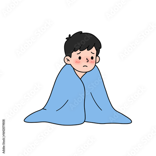 A sad sick cartoon boy with flushed cheeks wrapped snugly in a light blue blanket feeling unwell and cold.