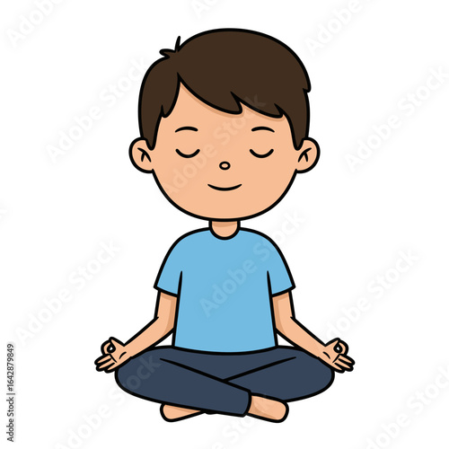 A serene cartoon boy with brown hair meditating in a crosslegged lotus pose with a calm smile.