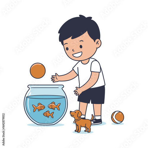A happy cartoon boy with dark hair plays with his pet puppy and three goldfish in a fishbowl a charming childhood illustration.