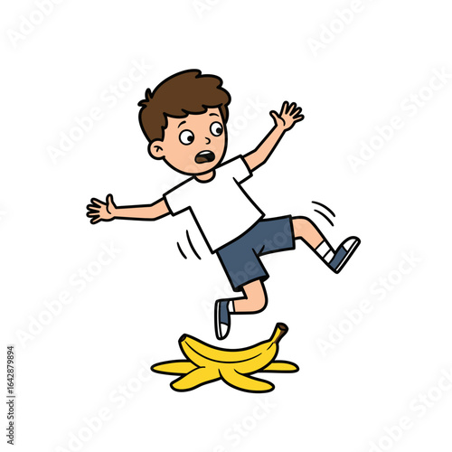 A young cartoon boy with a shocked expression slipping on a banana peel arms flailing in the air.