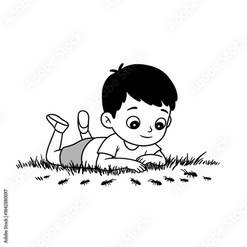 Black and white cartoon of a curious boy lying on the grass happily watching a trail of ants.