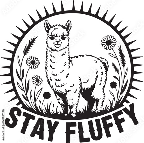 Stay Fluffy Alpaca T-shirt Vector - Llama with Daisies & Sunburst - Cute Animal Lover Gift - Boho Nature Graphic Tee
