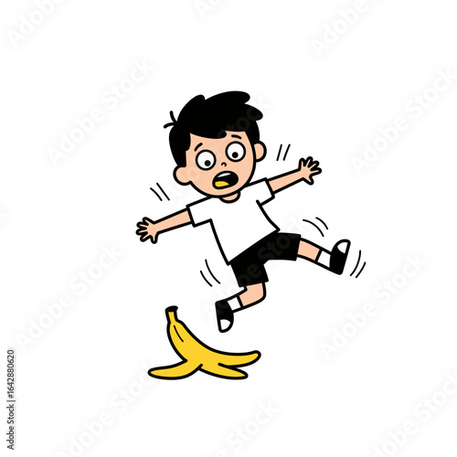 Cartoon boy with a shocked face slipping on a yellow banana peel losing his balance.