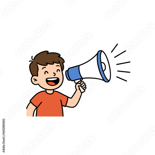Cartoon boy with brown hair and orange shirt shouting happily into a blue and white megaphone.