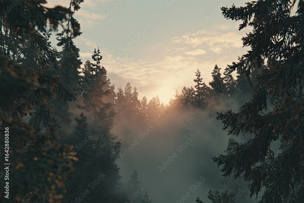 Naklejka premium Misty forest at sunrise, towering pines framed by fog