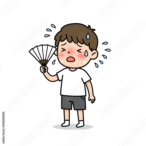 Cartoon boy with flushed red cheeks suffering from heat sweating and using a hand fan.