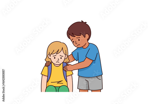 Boy consoling sad girl with backpack. Suitable for educational materials, mental health campaigns, and childrens book illustrations. Warm and supportive image.