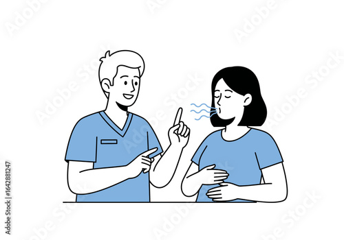 Medical professional showing patient breathing exercises in clinic setting, suitable for medical blogs, healthcare websites, and educational materials.