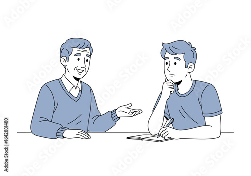 Man explains to a thoughtful person jotting down notes. Suitable for educational, business, mentoring, academic, and learning concepts.