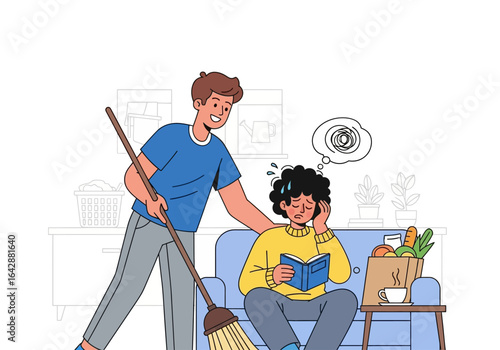 Man sweeping while another person stressed while reading. Great for depicting stress, cleaning, teamwork, household chores, responsibility, multitasking.