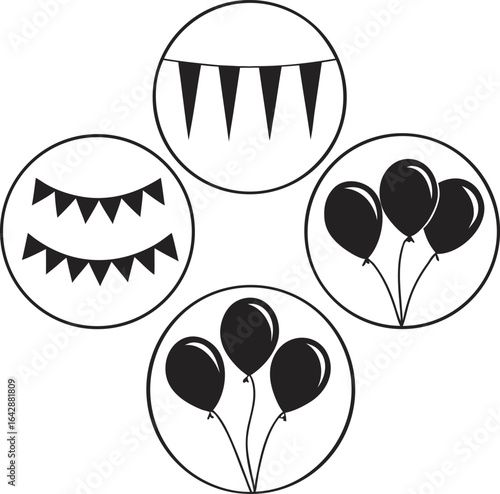 Black and white icons of party balloons and bunting flags celebration decoration