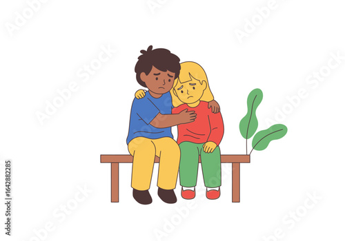 Empathetic boy hugs sad girl sitting together in a heartwarming embrace, suitable for depicting comfort, support, empathy, and friendship themes.