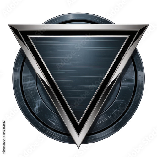 Modern metallic triangle emblem with brushed metal texture and circular.  Isolated Transparent Background