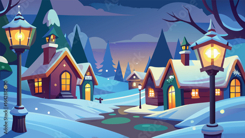 Realistic Snowy Village Winter Scene Background.