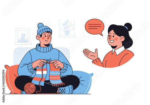 Woman observes man knitting in dialogue. Suitable for communication, crafting, hobbies, relationships, gender roles, and knitting concepts.