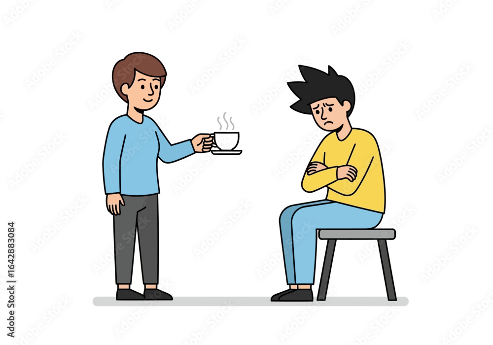 Obraz premium One man offering a drink to another, who looks displeased, showcasing social interactions, misunderstandings, communication breakdowns, and conflicts. Perfect for conflict resolution concepts.