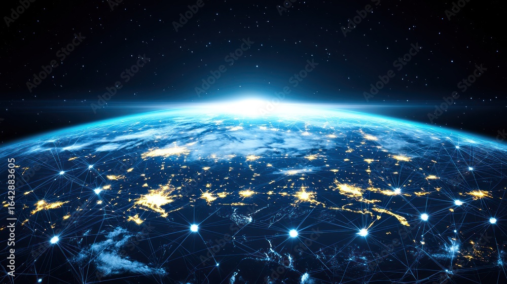 Obraz premium Earth at night, illuminated with city lights, connected by glowing network lines