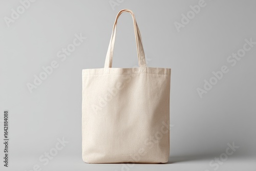 Empty beige canvas tote bag on gray background