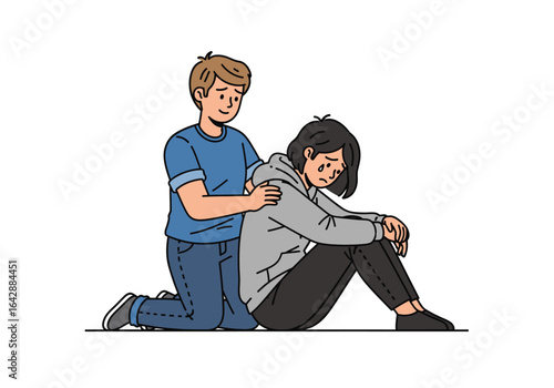 Supportive touch of a person comforting a sad individual. Perfect for themes like empathy, compassion, mental health, and solidarity.