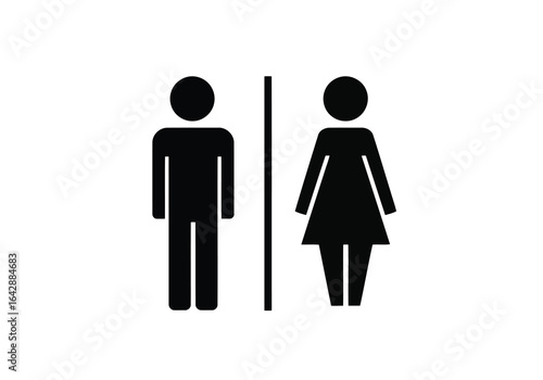 Vector illustration of photo of black silhouette icons of a man and a woman separated by a line, symbolizing gender or restroom signs, isolated on white background