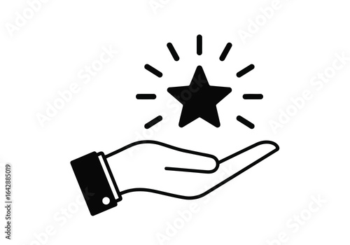 Vector illustration of photo of black outline of a hand holding a shining star, representing success, achievement, and excellence, isolated on white background
