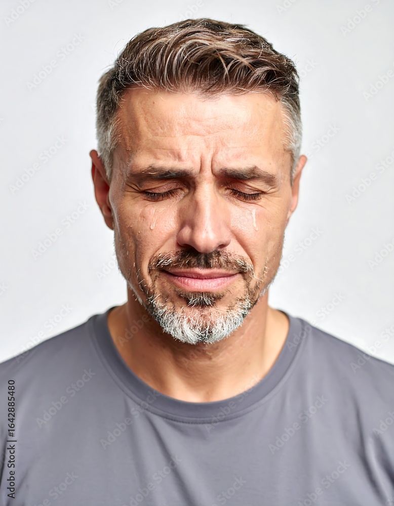 Close-up portrait of a middle-aged man with graying hair, eyes closed, and tears streaming down his face, against a plain light gray background Close-up portrait of a middle-aged man with graying hair, eyes closed, and tears streaming down his face, against a plain light gray background