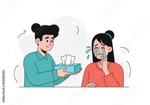 Caring illustration of man offering tissues to crying woman. Suitable for emotional support concepts, mental health resources, empathy visuals.