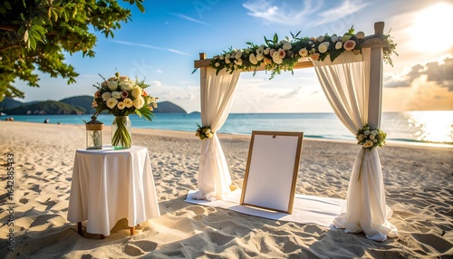 Beach wedding setup; floral arch, white drapes, sign
