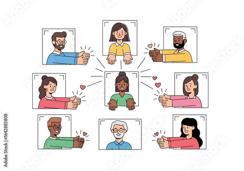 Virtual meeting features diverse individuals giving thumbs up to the leader. Suitable for presentations, webinars, training materials, and business communications.