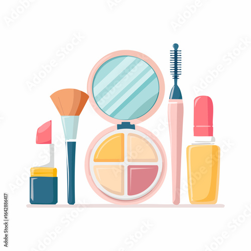 Vector pack of essential beauty tools in a flat design composition, including lipstick, mascara, and face powder.