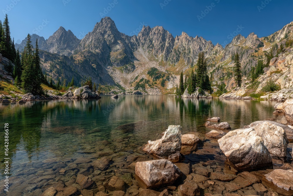 Fototapeta premium Mountain lake reflecting peaks