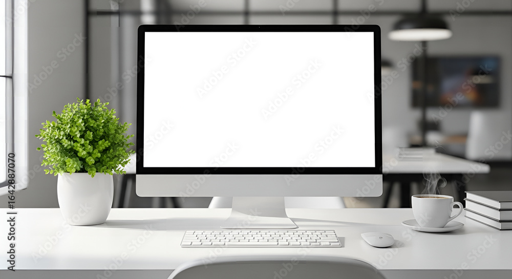 Fototapeta premium Minimal office desk with computer mockup, keyboard, mouse, coffee cup and plant.