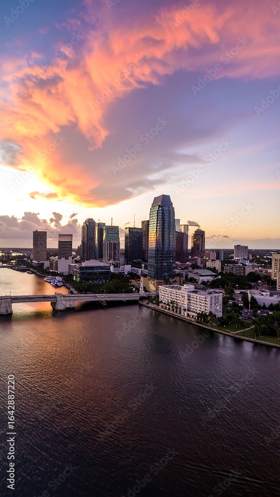 Fototapeta premium City skyline at sunset, viewed from across a body of water