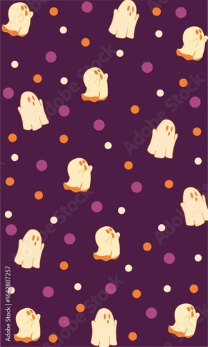 fondo vertical morado con ilustraciones de fantasmas y puntos 