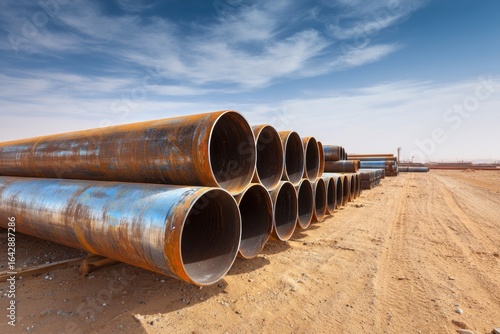 Rusty metal pipes on a desert landscape