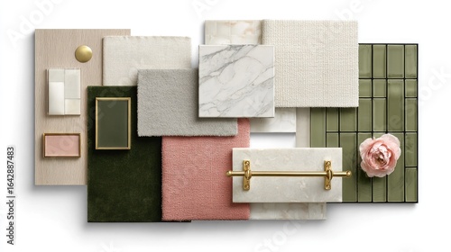 Interior design sample board showcasing various materials and colors.