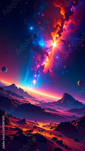 Colorful alien landscape with a vibrant nebula.