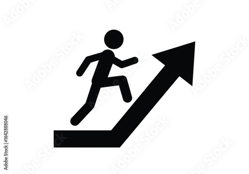 Vector illustration of photo of silhouette of a person running up an arrow, symbolizing growth, progress, and success, isolated on white background