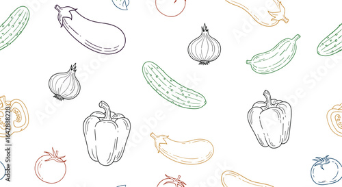 Whimsical dotted outline vegetables and fruits seamless pattern on white background
